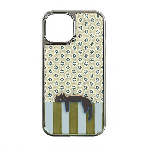 Holographic Chrome Cat Phone Case - Vintage Floral Design