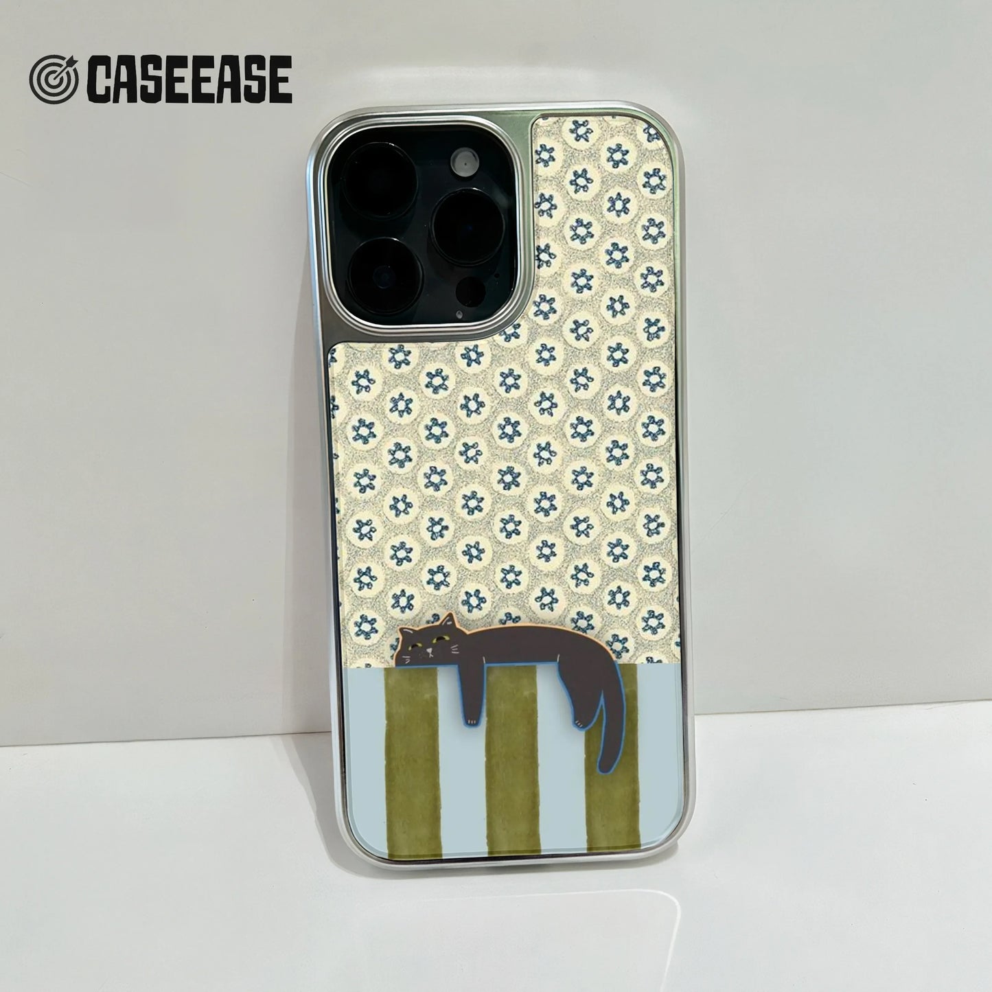 Holographic Chrome Cat Phone Case - Vintage Floral Design