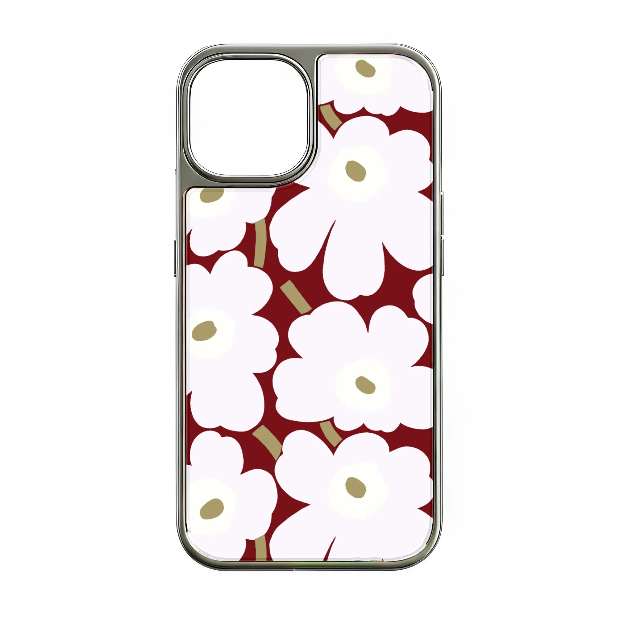 Holographic Chrome Phone Case for iPhone 15 Pro - Floral Design on Burgundy Background