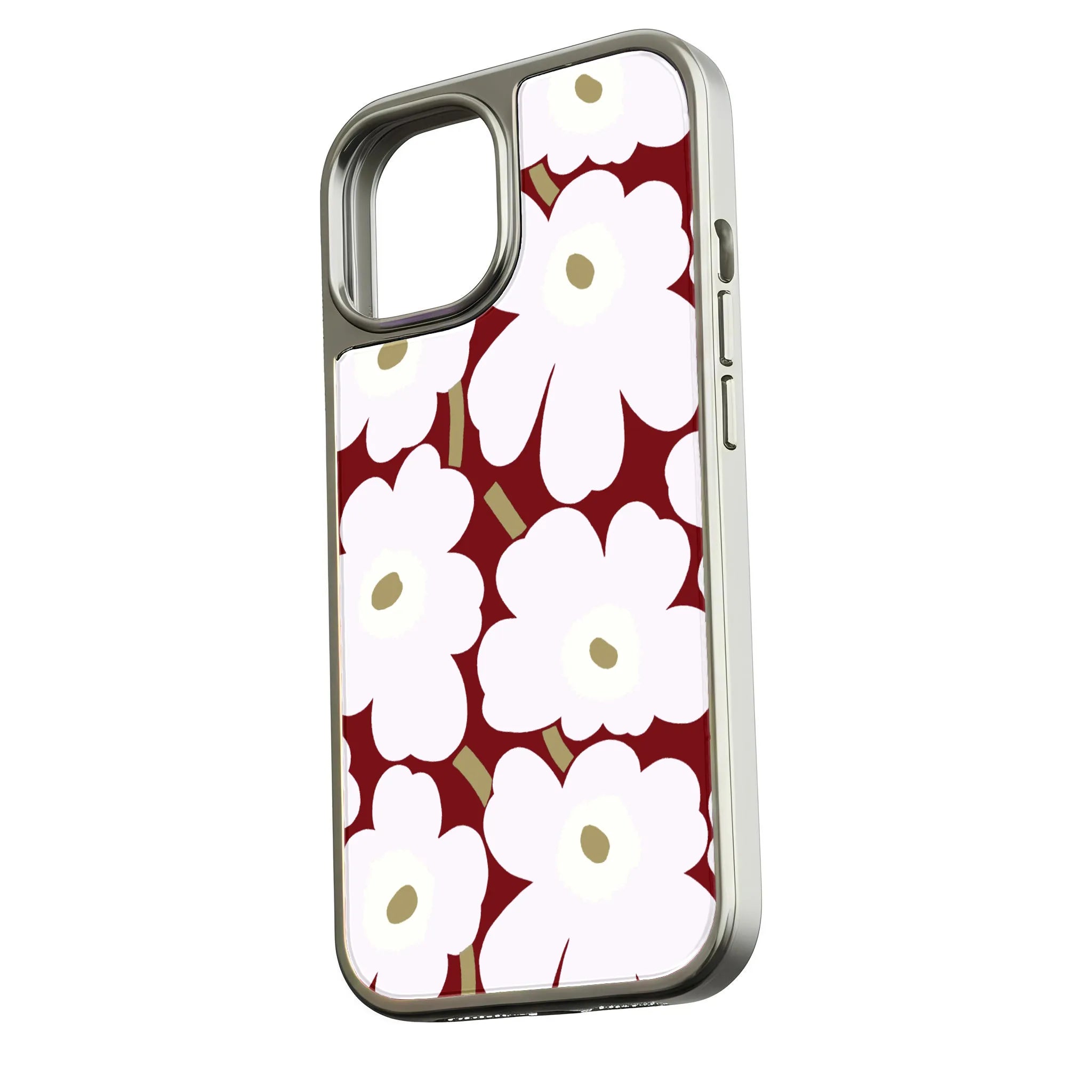 Holographic Chrome Phone Case for iPhone 15 Pro - Floral Design on Burgundy Background