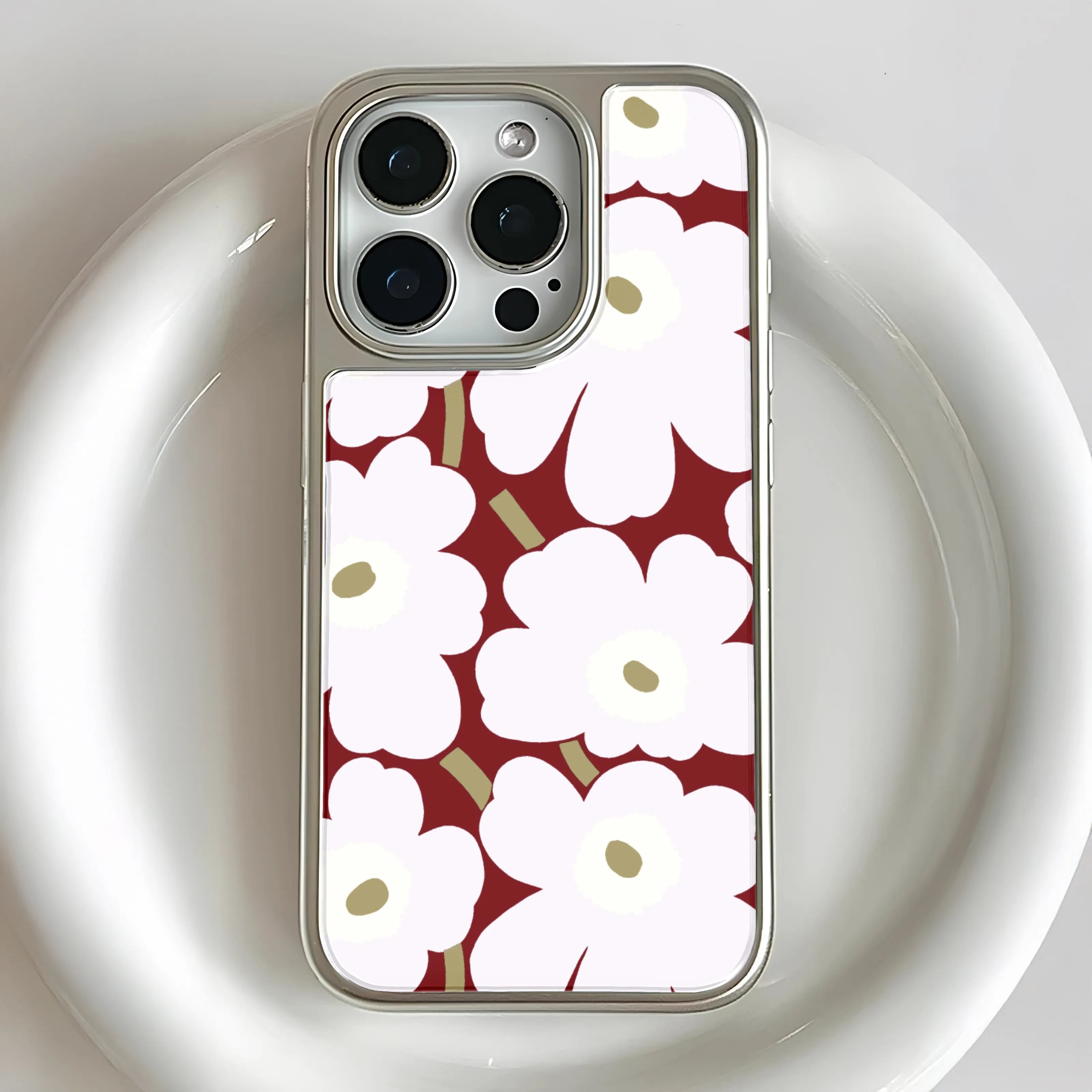 Holographic Chrome Phone Case for iPhone 15 Pro - Floral Design on Burgundy Background