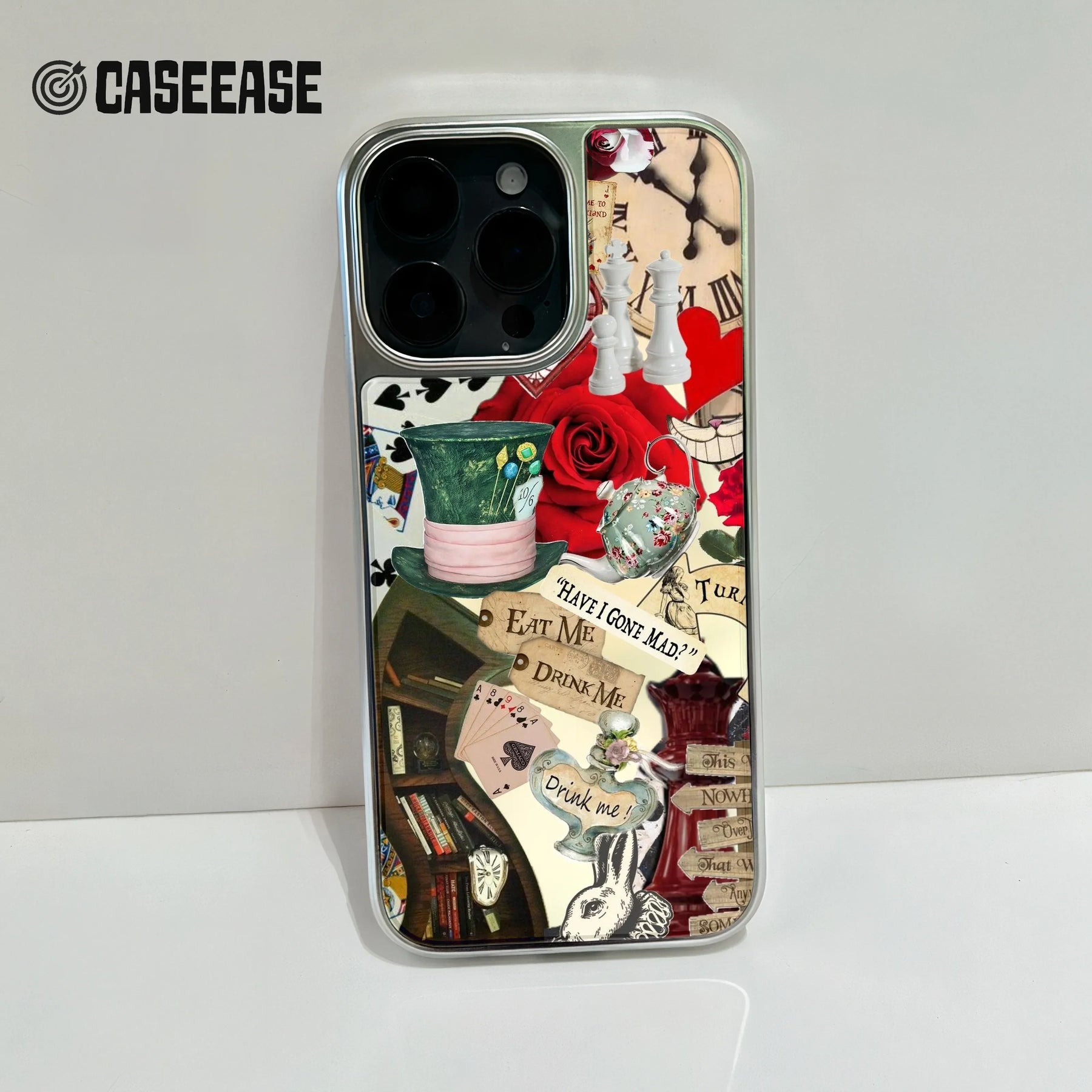 Funda holográfica cromada para teléfono: diseño inspirado en el País de las Maravillas