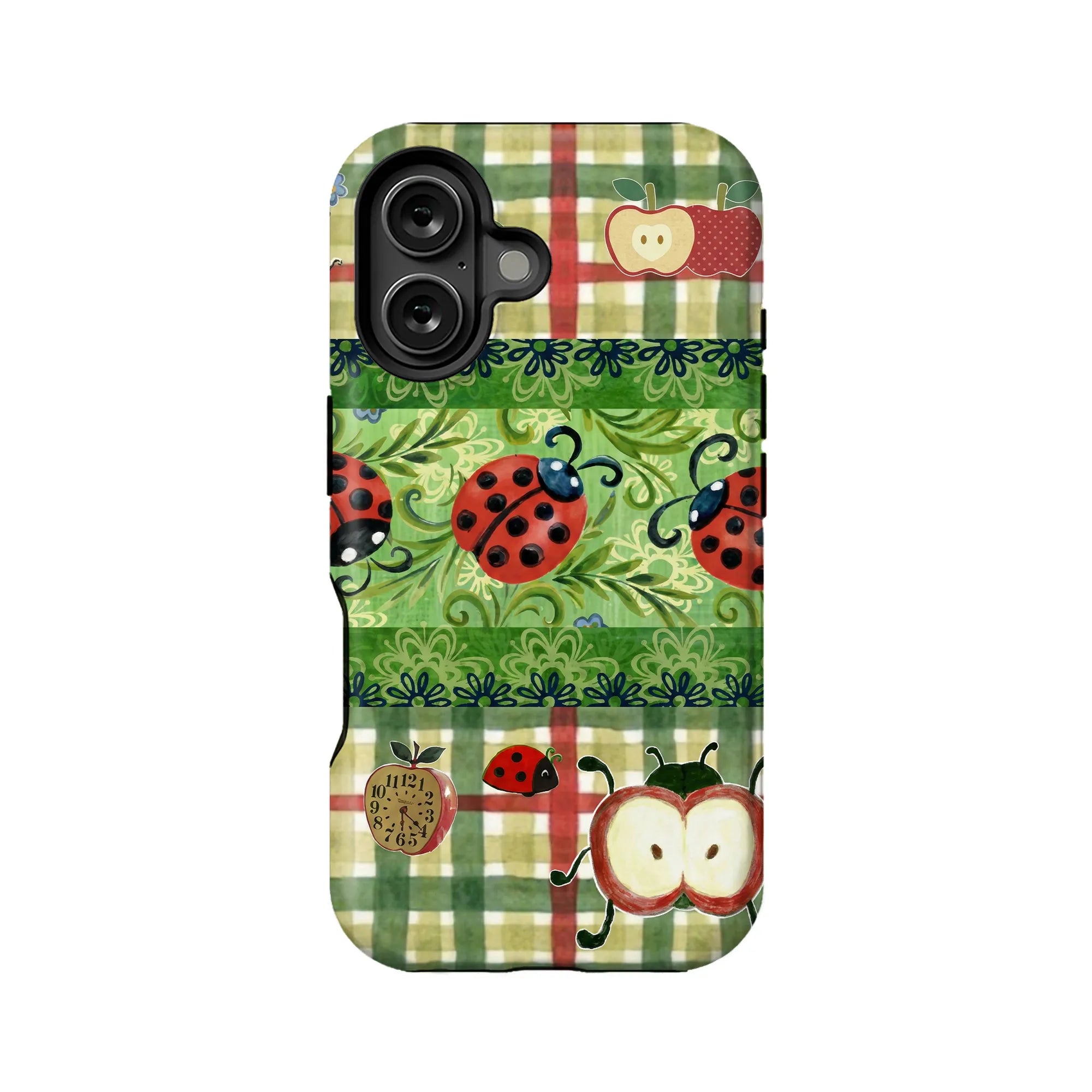 Funda para teléfono con estampado de mariquita y manzana