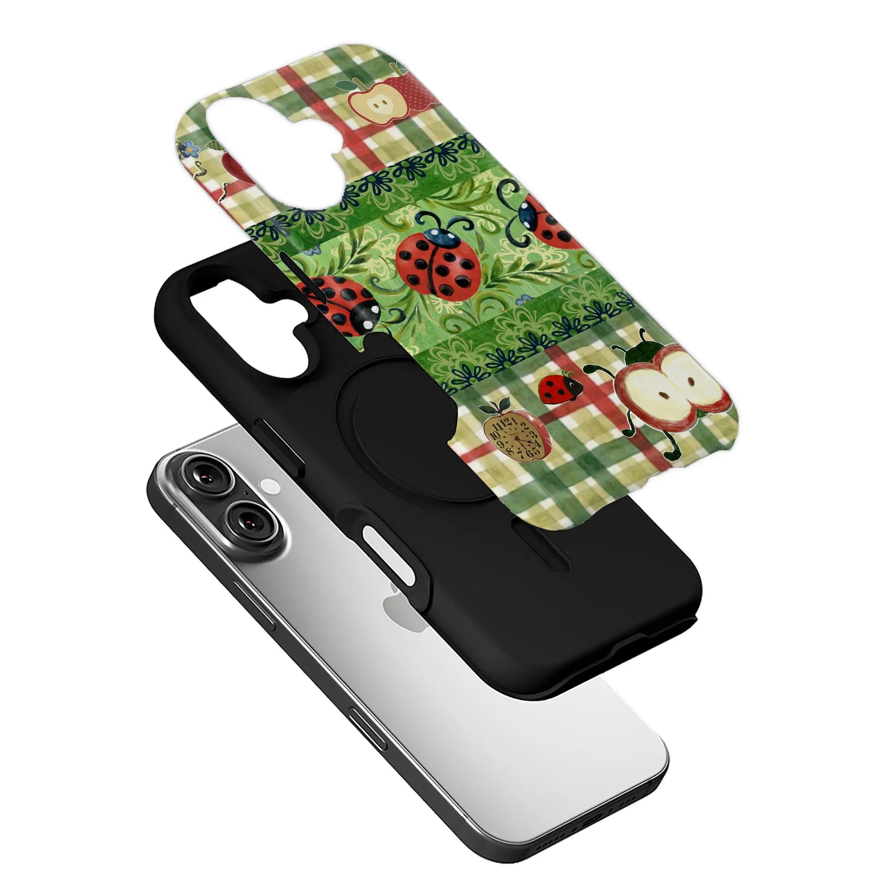 Funda para teléfono con estampado de mariquita y manzana