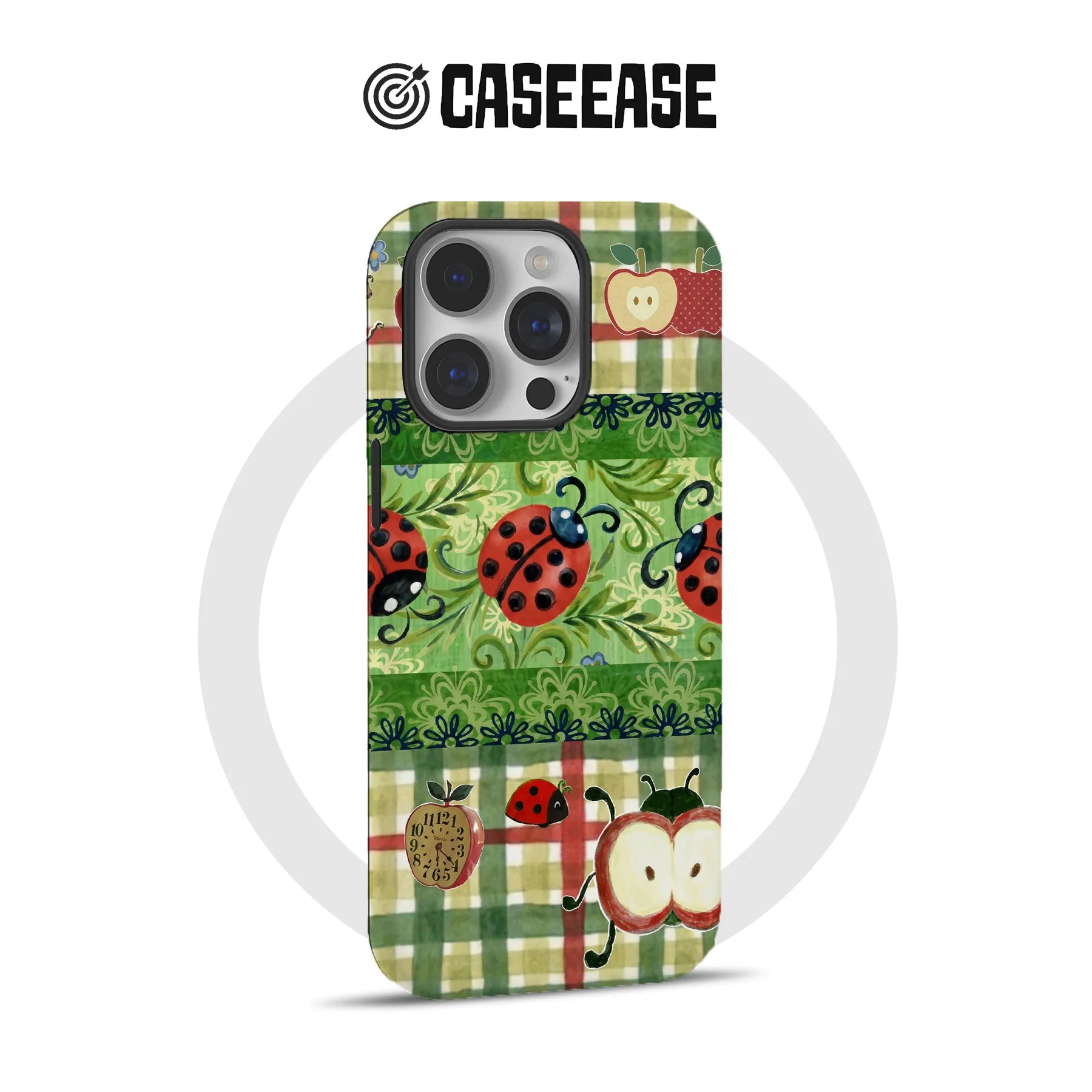 Funda para teléfono con estampado de mariquita y manzana