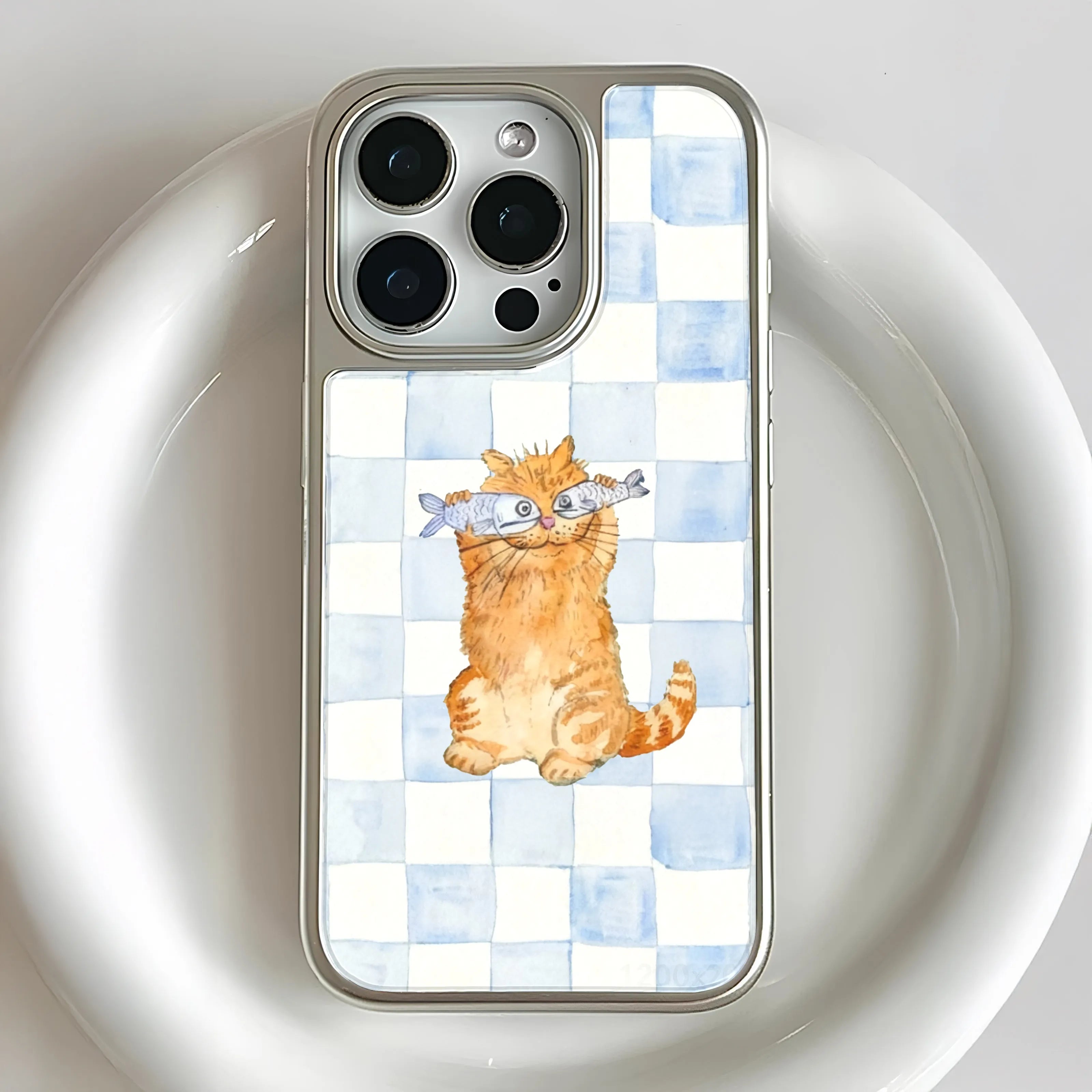 Holographic Chrome Cat Phone Case - Playful Design with Fish