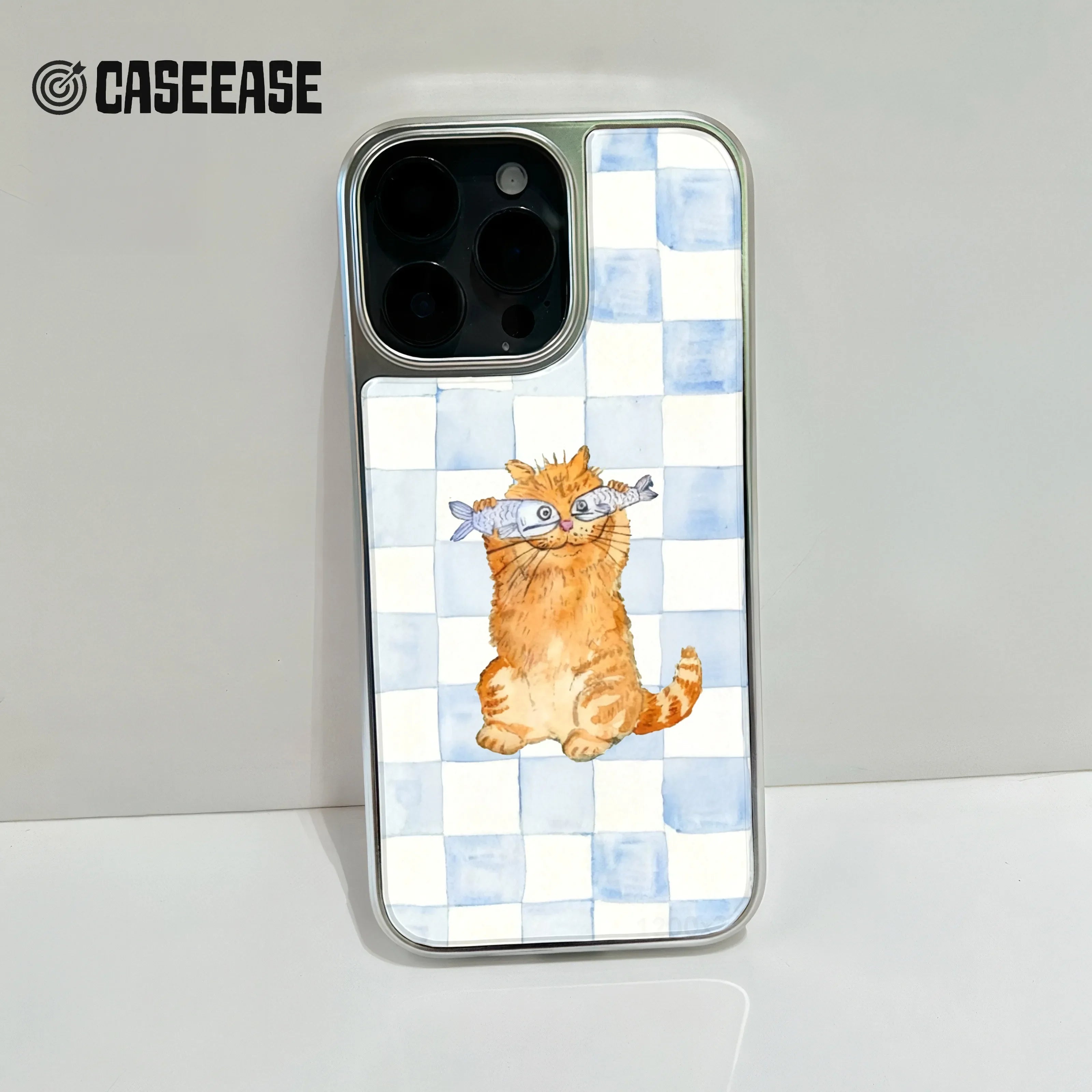 Holographic Chrome Cat Phone Case - Playful Design with Fish