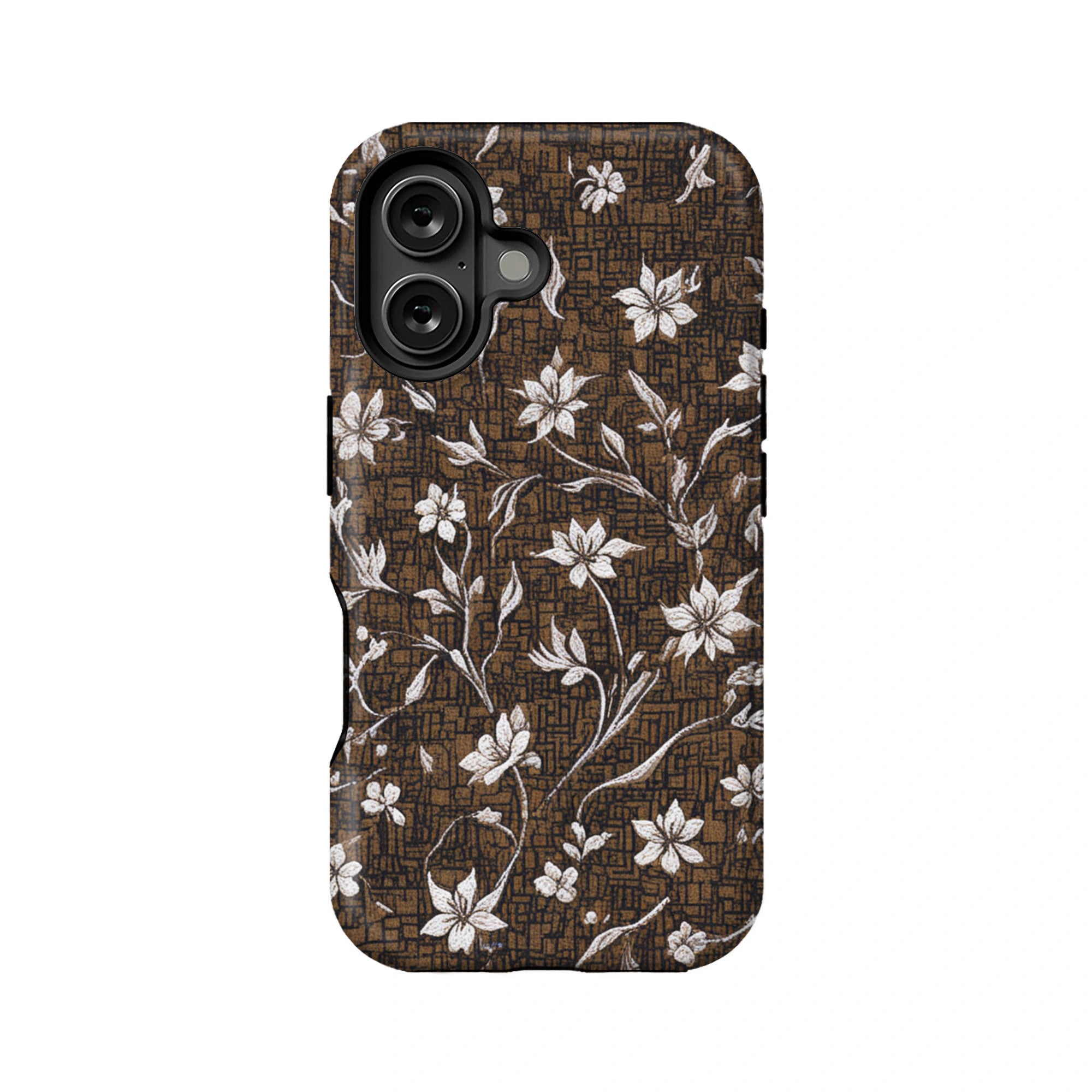 Funda vintage para teléfono con diseño floral marrón y elegante flor blanca