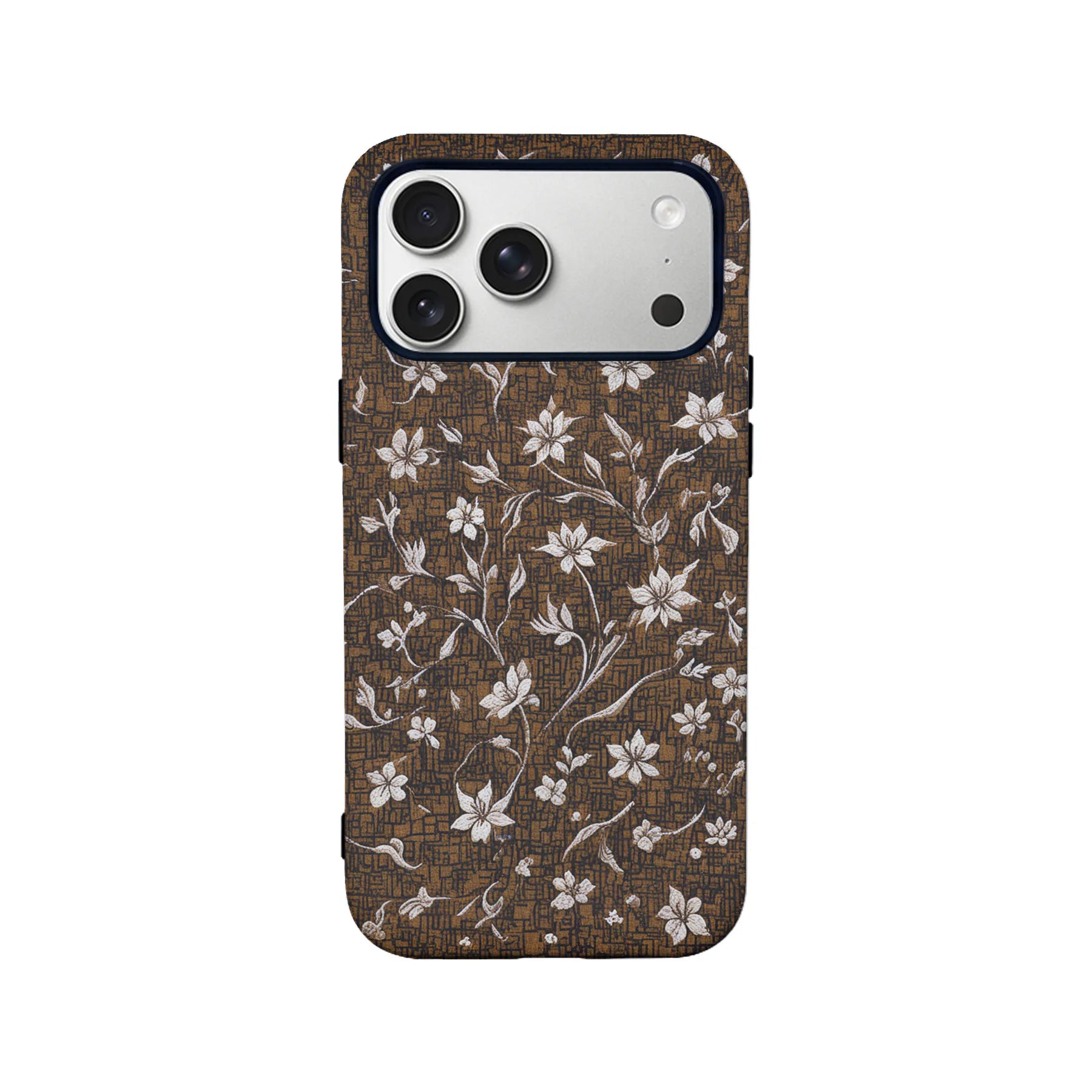 Funda vintage para teléfono con diseño floral marrón y elegante flor blanca