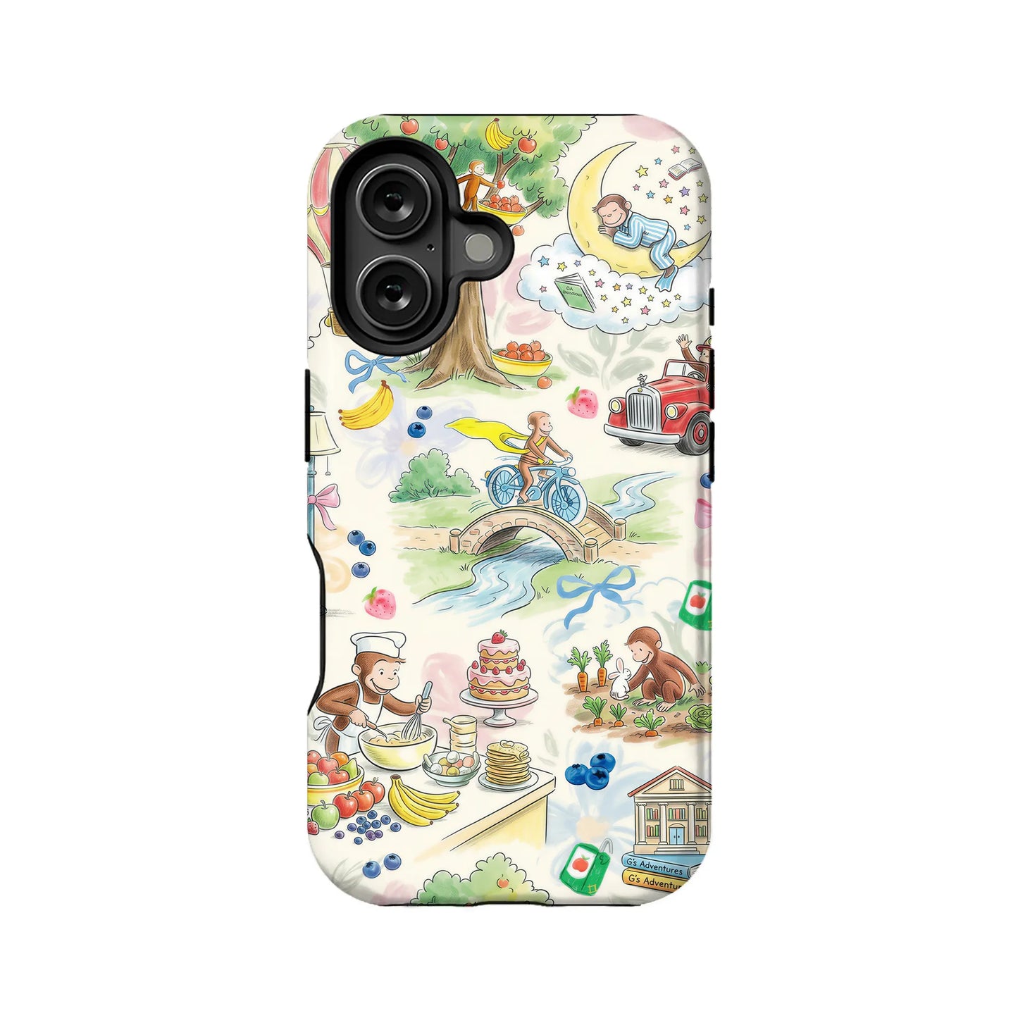 Cream phone case with colorful storybook monkey illustrations, rear product angle