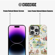 Cream illustrated phone case front and back showing raised screen and camera frames