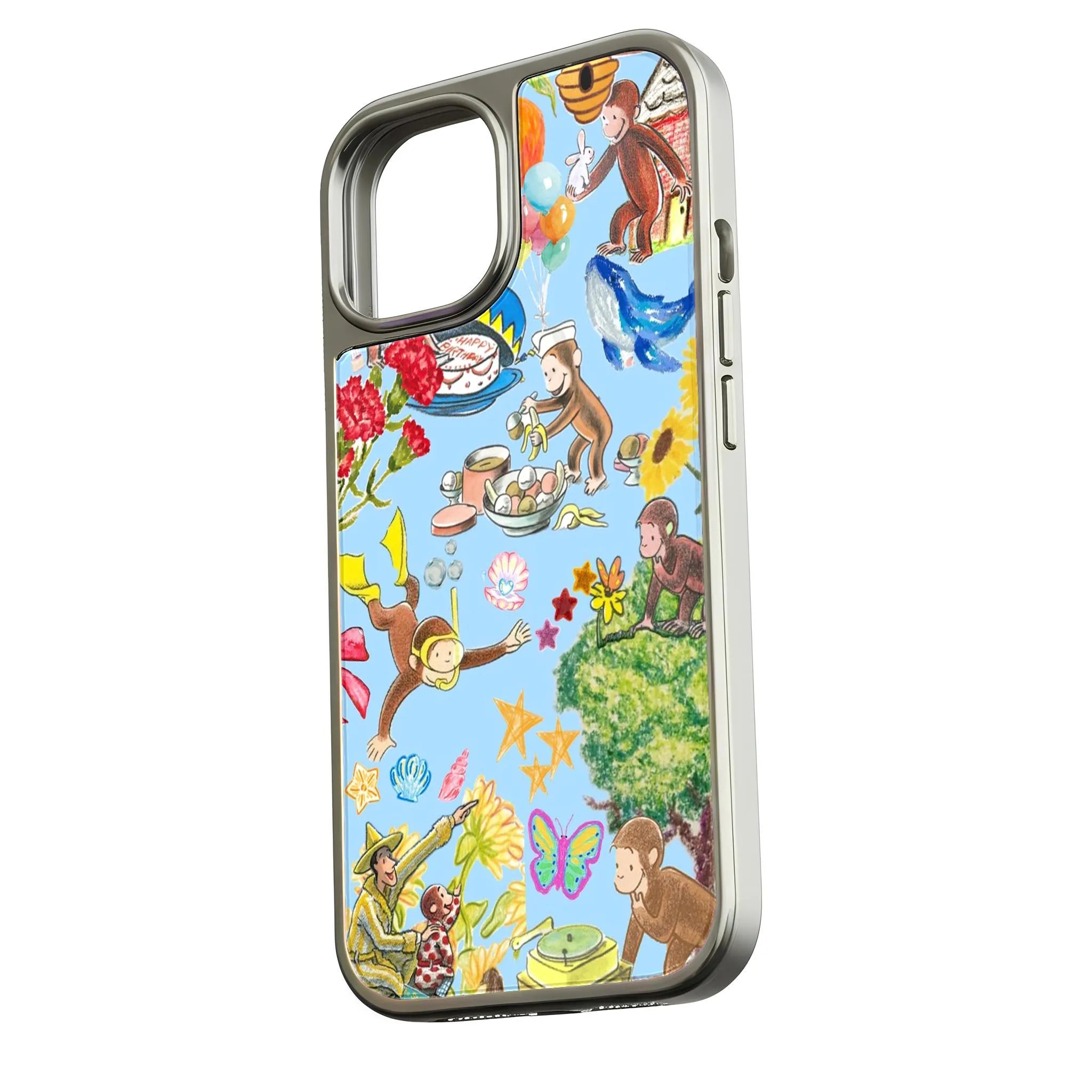 Holographic Chrome Curious Monkey Phone Case - Colorful Cartoon Design