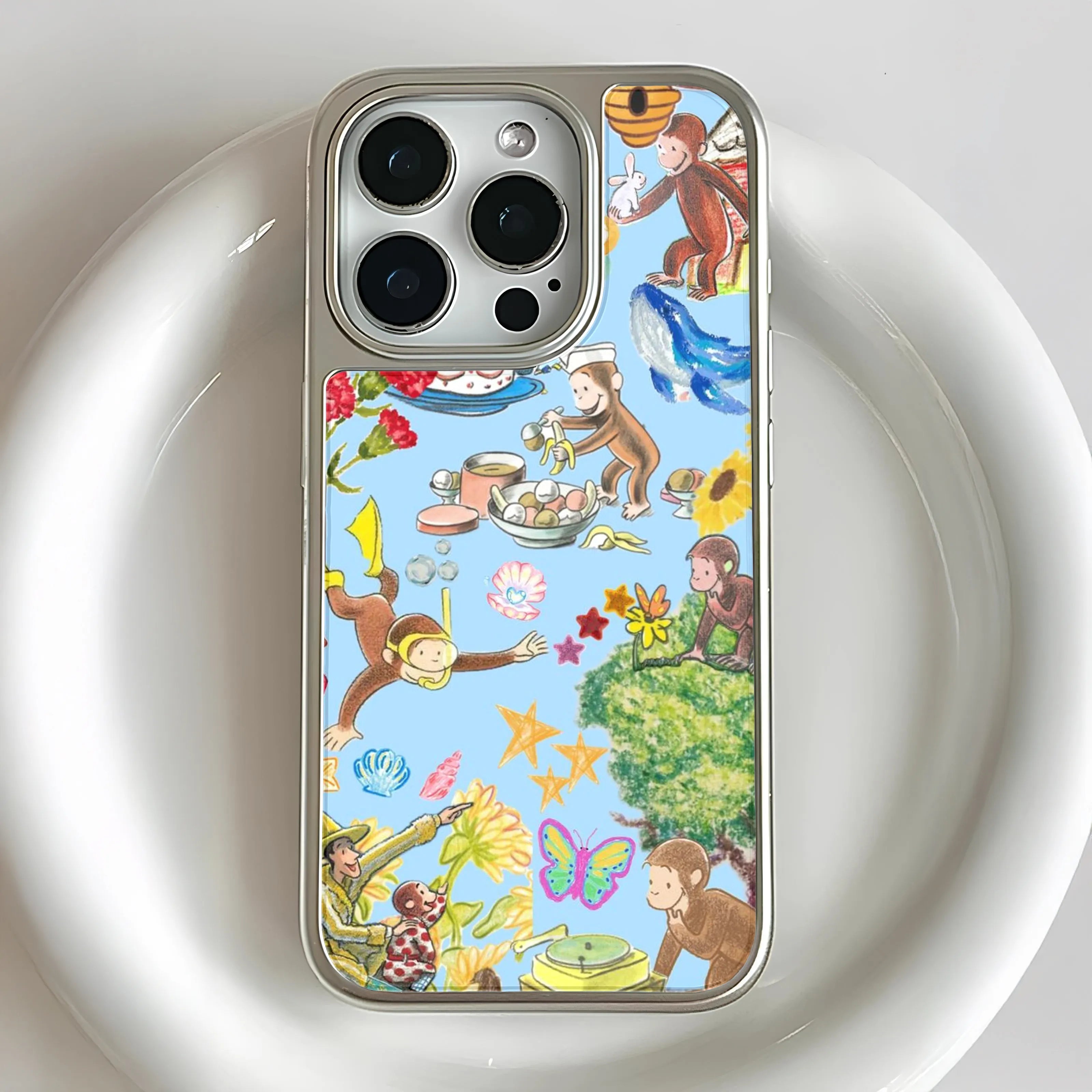Holographic Chrome Curious Monkey Phone Case - Colorful Cartoon Design
