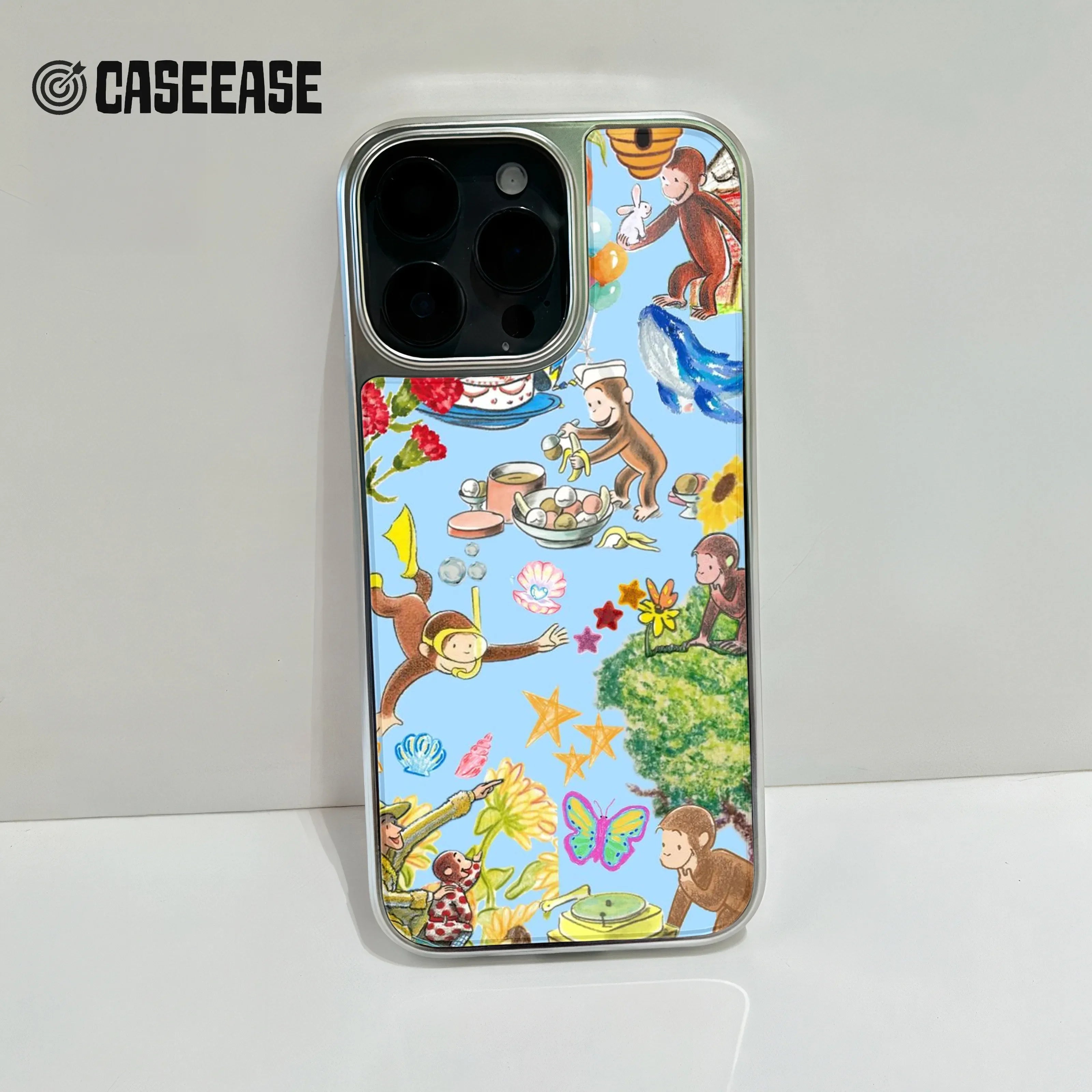 Holographic Chrome Curious Monkey Phone Case - Colorful Cartoon Design