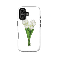 Elegante funda para teléfono con tulipanes blancos y diseño floral minimalista