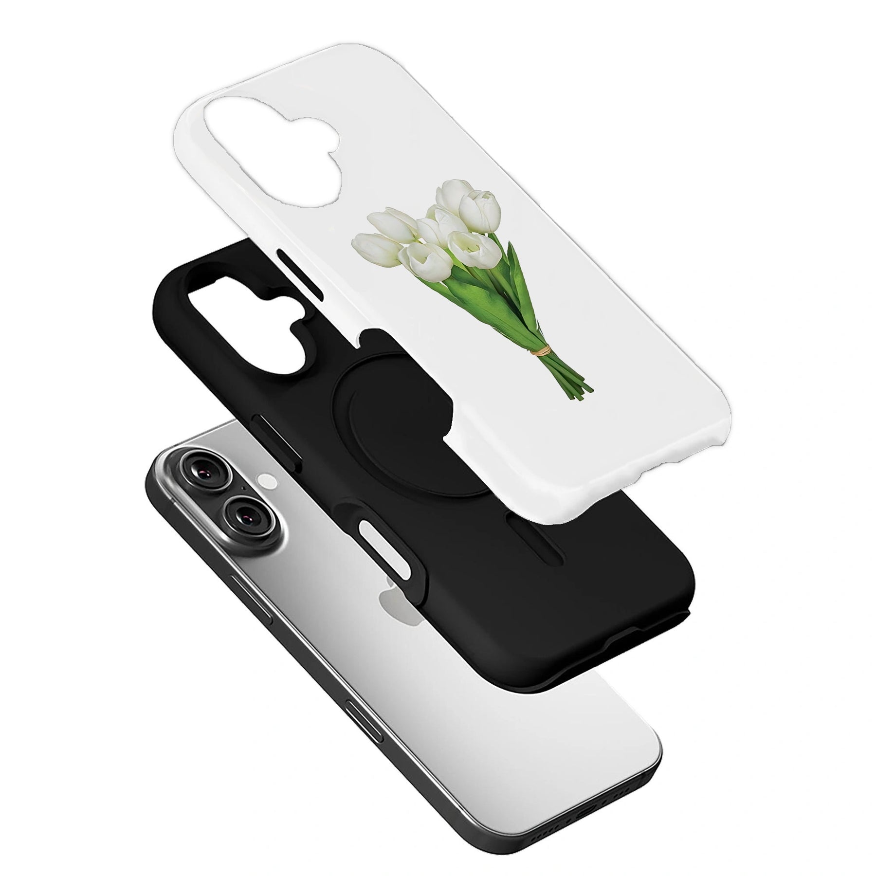 Elegante funda para teléfono con tulipanes blancos y diseño floral minimalista