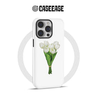 Elegante funda para teléfono con tulipanes blancos y diseño floral minimalista