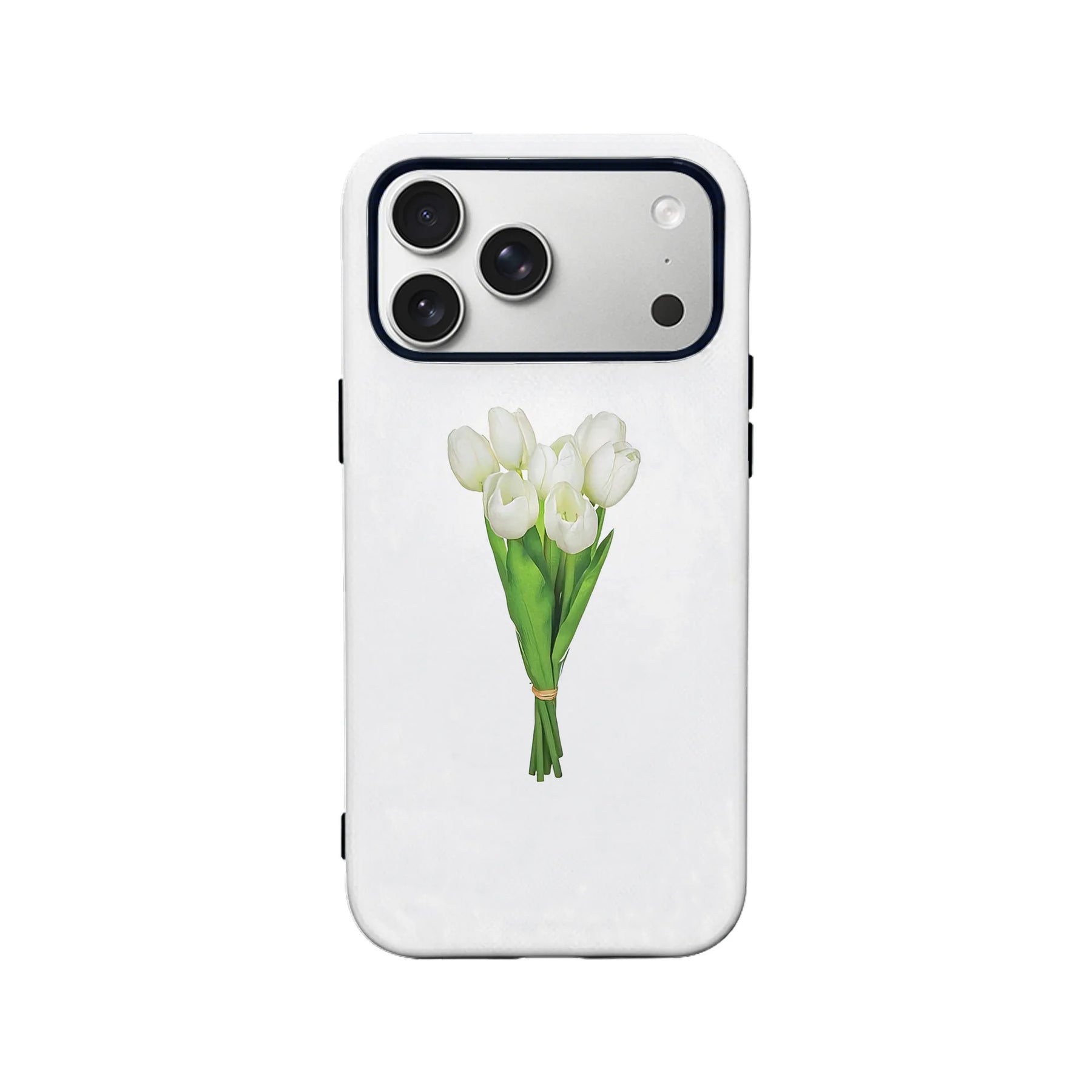 Elegante funda para teléfono con tulipanes blancos y diseño floral minimalista