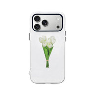 Elegante funda para teléfono con tulipanes blancos y diseño floral minimalista