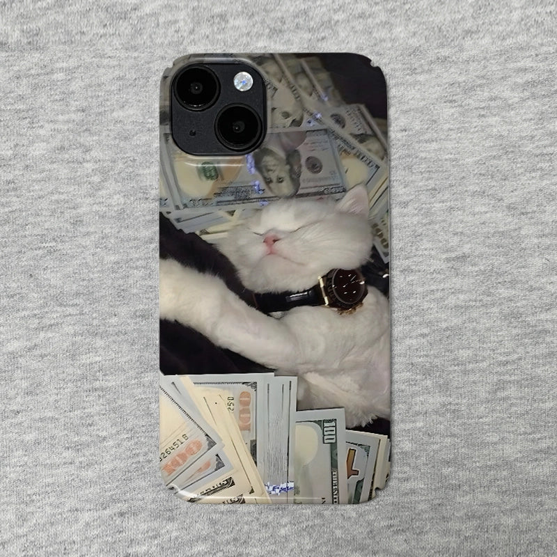 Luxury Cat Phone Case 2025 – Opulent White Cat with Cash and Watch