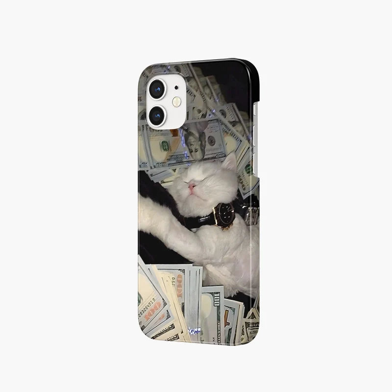 Luxury Cat Phone Case 2025 – Opulent White Cat with Cash and Watch