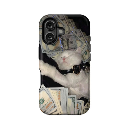 Luxury Cat Phone Case 2025 – Opulent White Cat with Cash and Watch