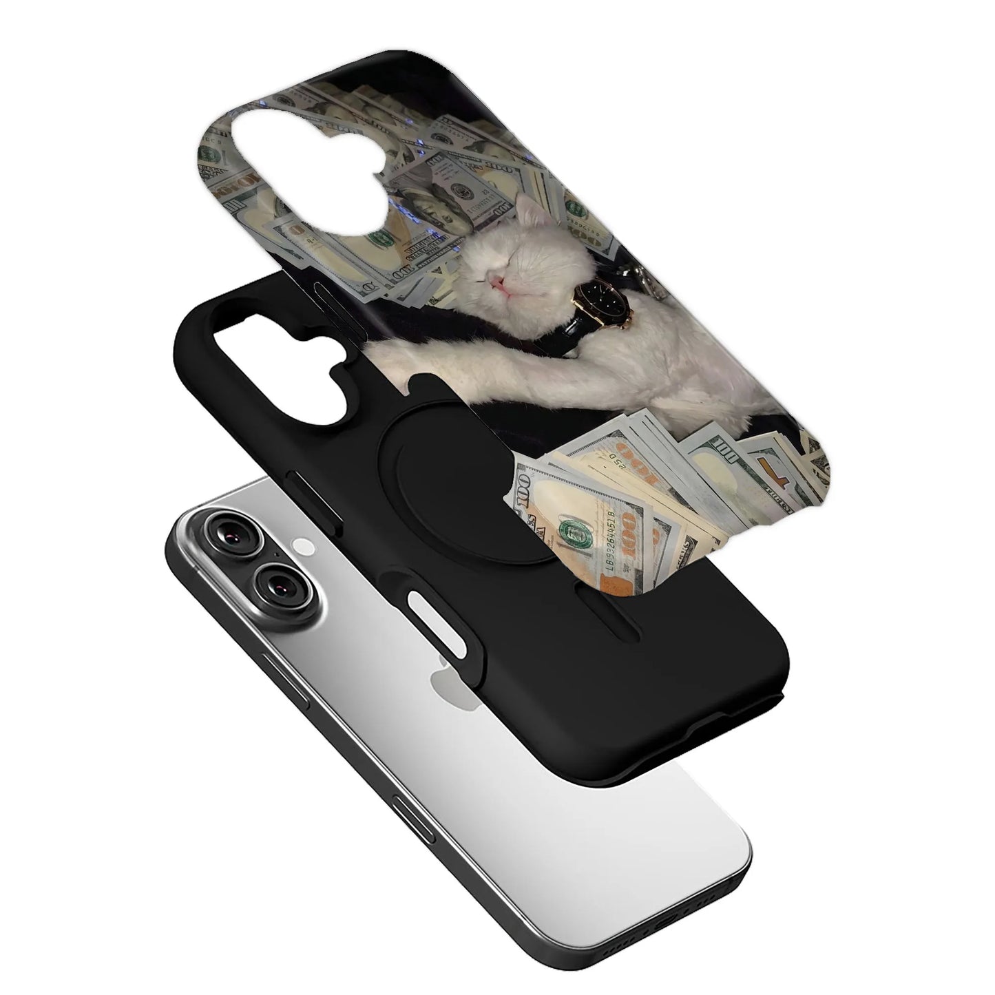 Luxury Cat Phone Case 2025 – Opulent White Cat with Cash and Watch