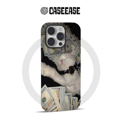 Luxury Cat Phone Case 2025 – Opulent White Cat with Cash and Watch
