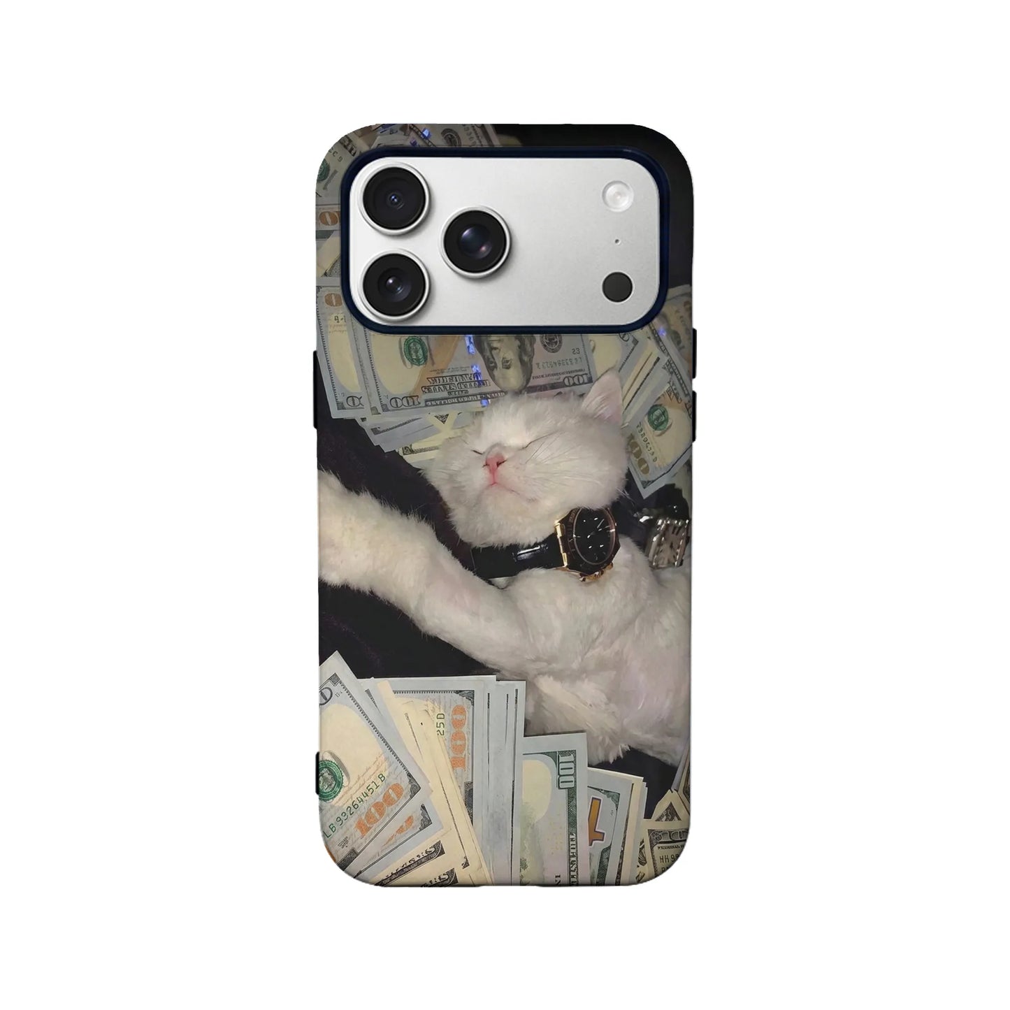 Luxury Cat Phone Case 2025 – Opulent White Cat with Cash and Watch