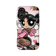 Pink cartoon doll phone case, back view with dual camera cutout, ecommerce product display