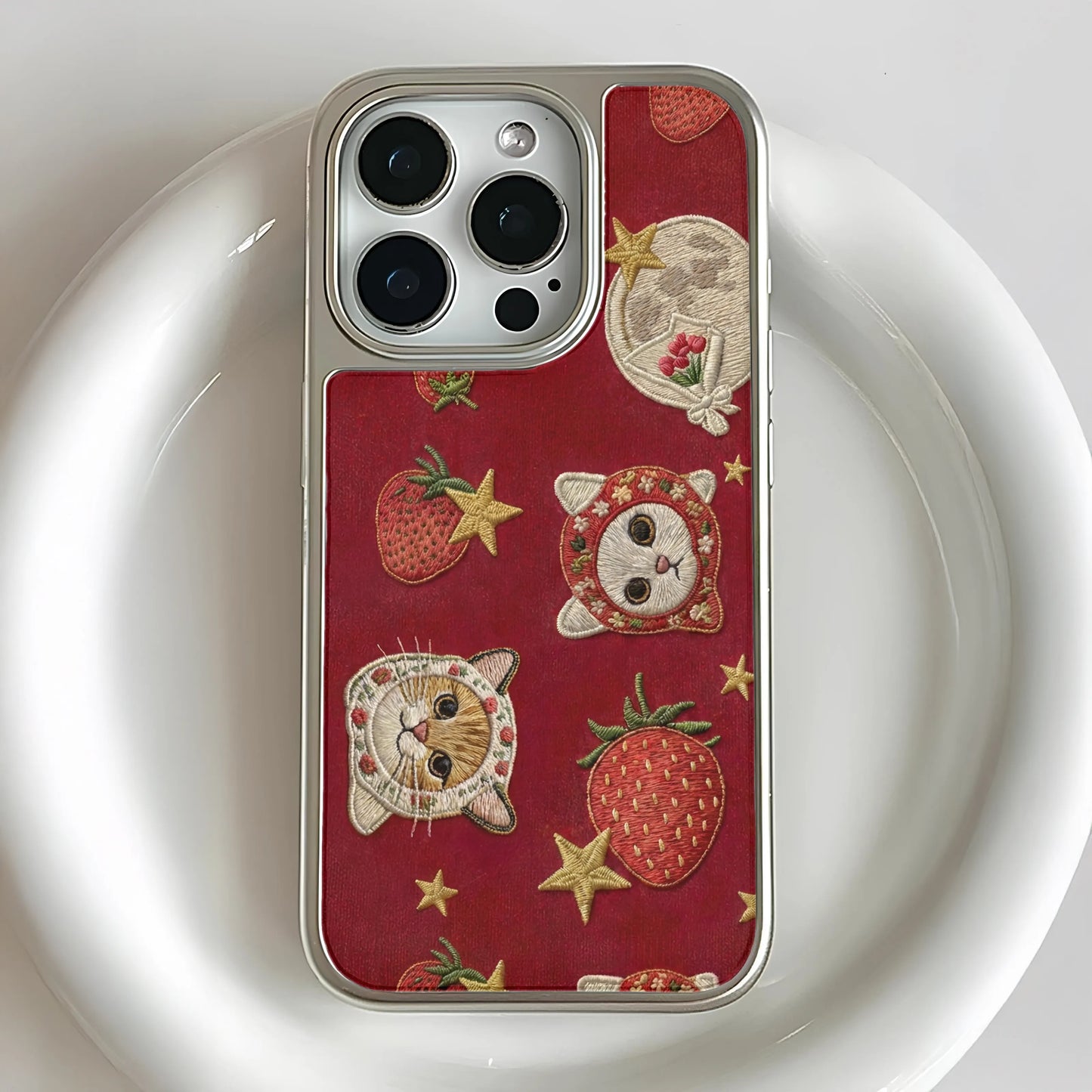 Embroidered Cats and Strawberries Phone Case - Cute and Colorful Design