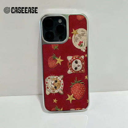 Embroidered Cats and Strawberries Phone Case - Cute and Colorful Design