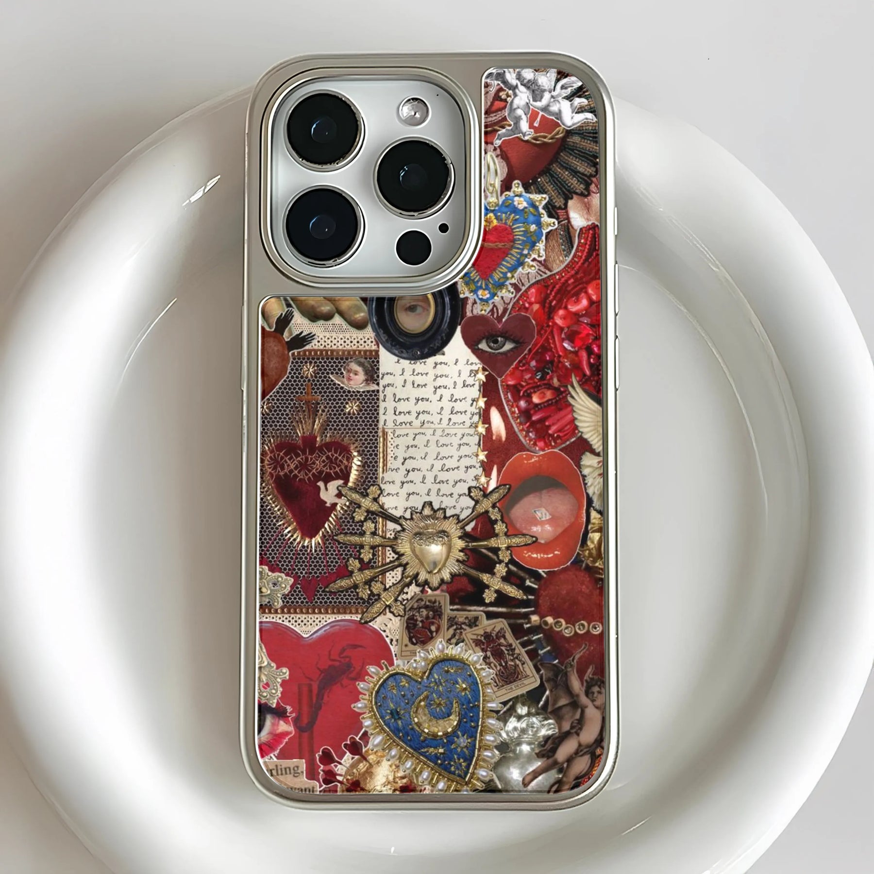 Funda holográfica cromada para teléfono - Diseño de collage de corazones