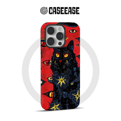 Red black cat and eye pattern phone case shown from rear angle