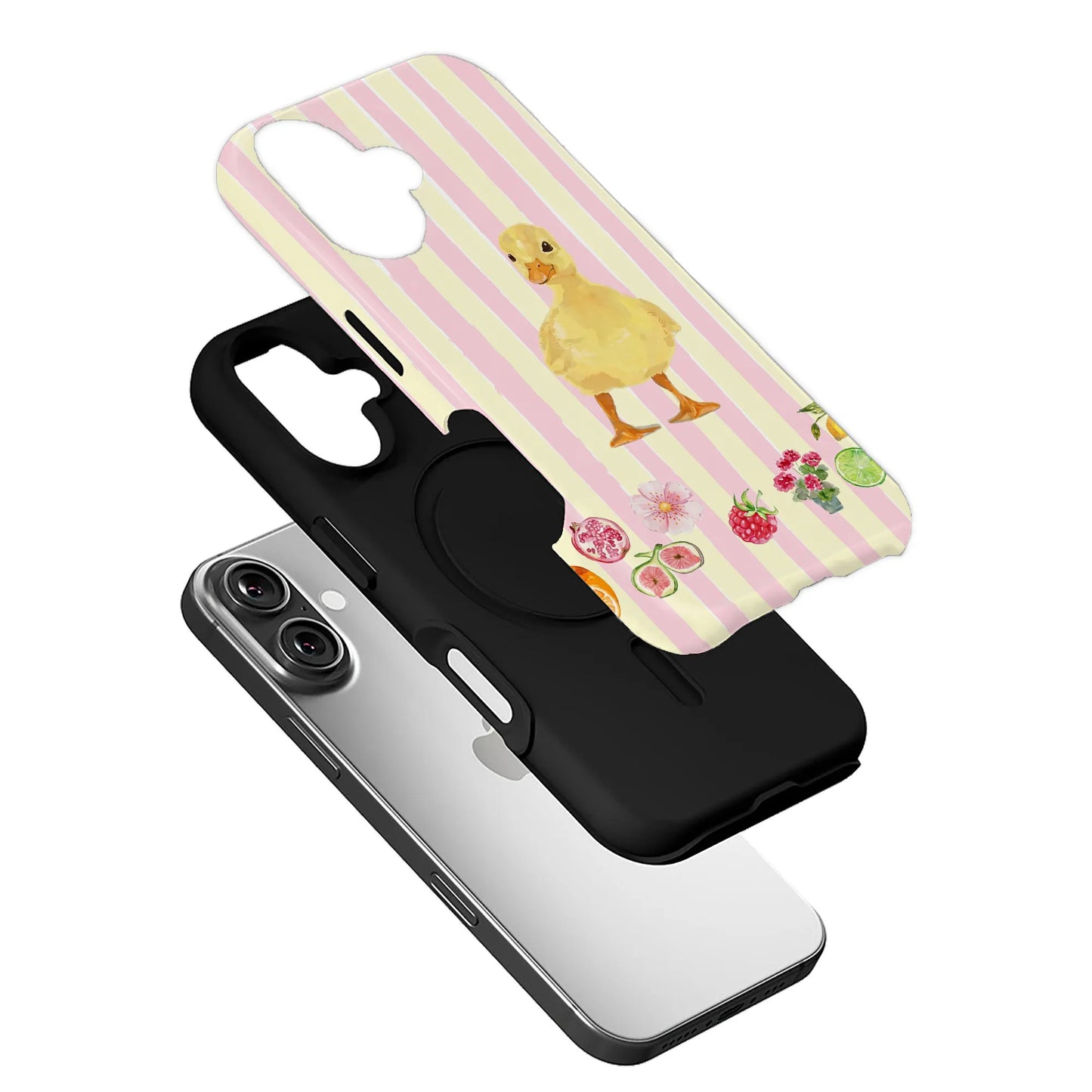Cute Yellow Duck Phone Case with Fresh Fruit Design