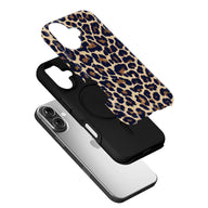 Leopard print brown and navy phone case shown in angled exploded product view
