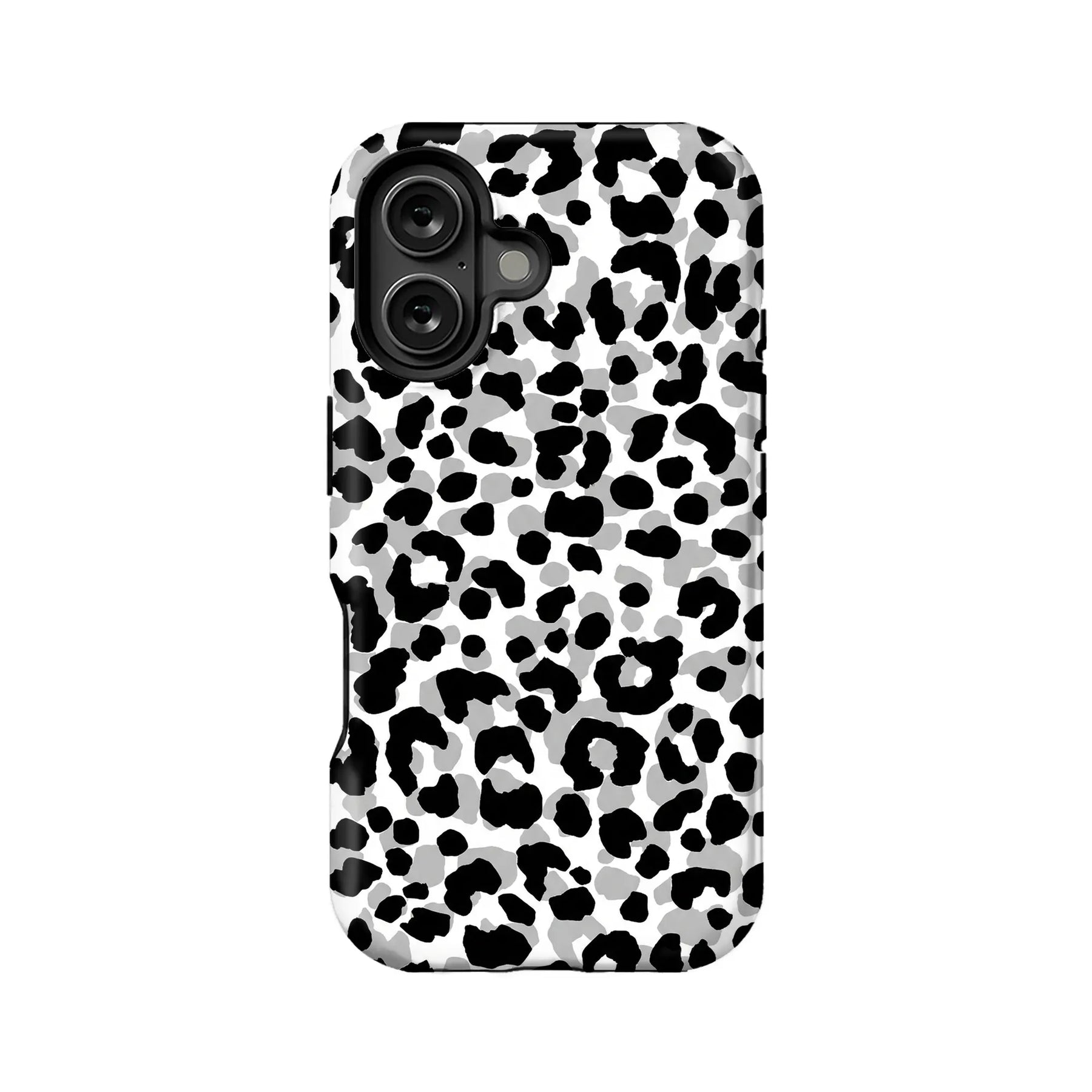 Back view of black, gray, and white leopard print plastic phone case