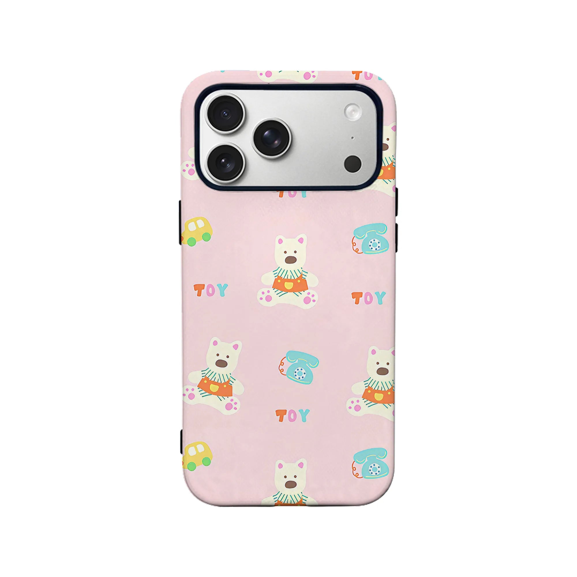 Pink Toy-Themed Phone Case – Adorable Bear and Vintage Toy Design