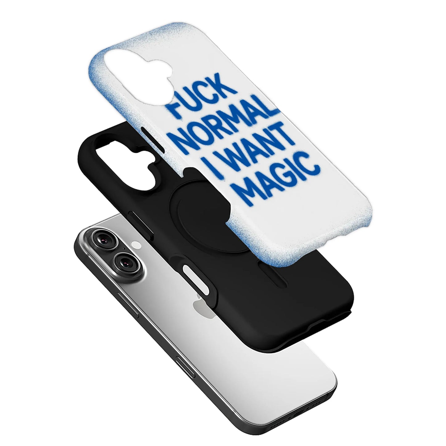 Funda para teléfono con tipografía vanguardista: "A la mierda con lo normal, quiero magia" 