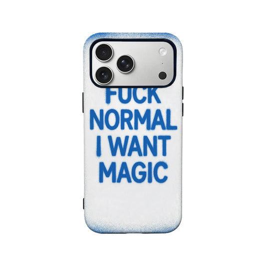White phone case with blue spray-painted slogan, rear camera cutout, back product angle
