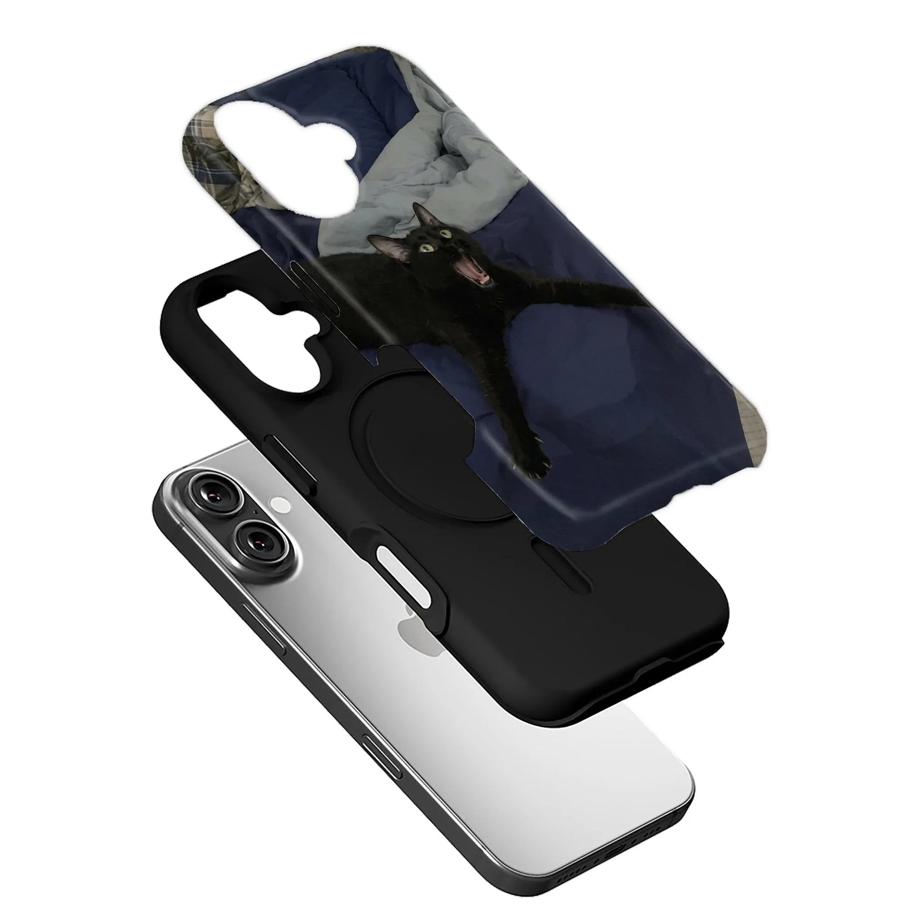Black smartphone case with playful black cat print shown in angled layered product view
