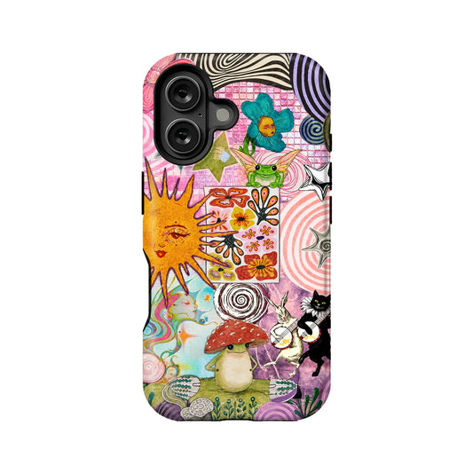 Colorful whimsical plastic phone case with sun, flowers, animals, rear product view