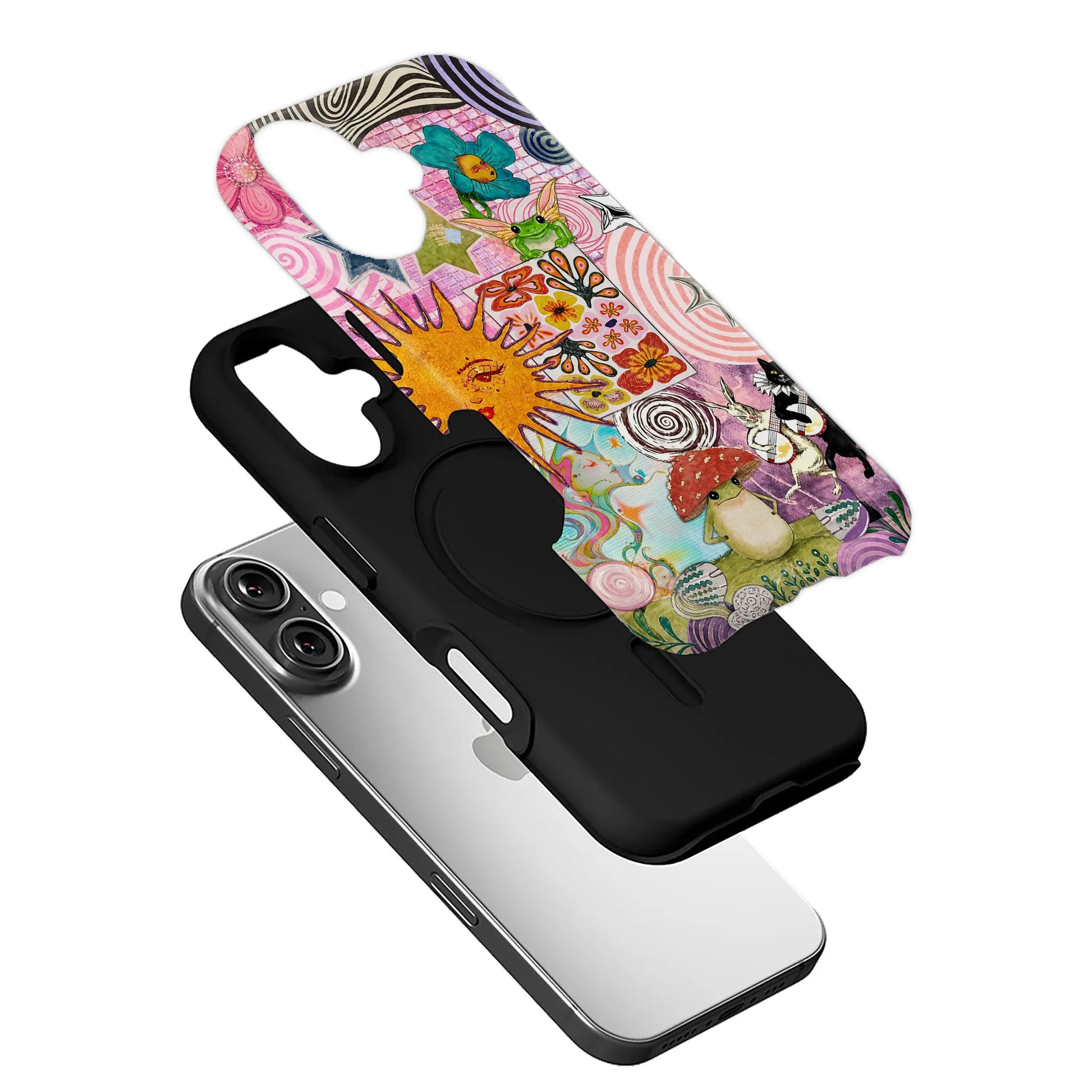 Colorful illustrated phone case with black insert shown exploded above smartphone