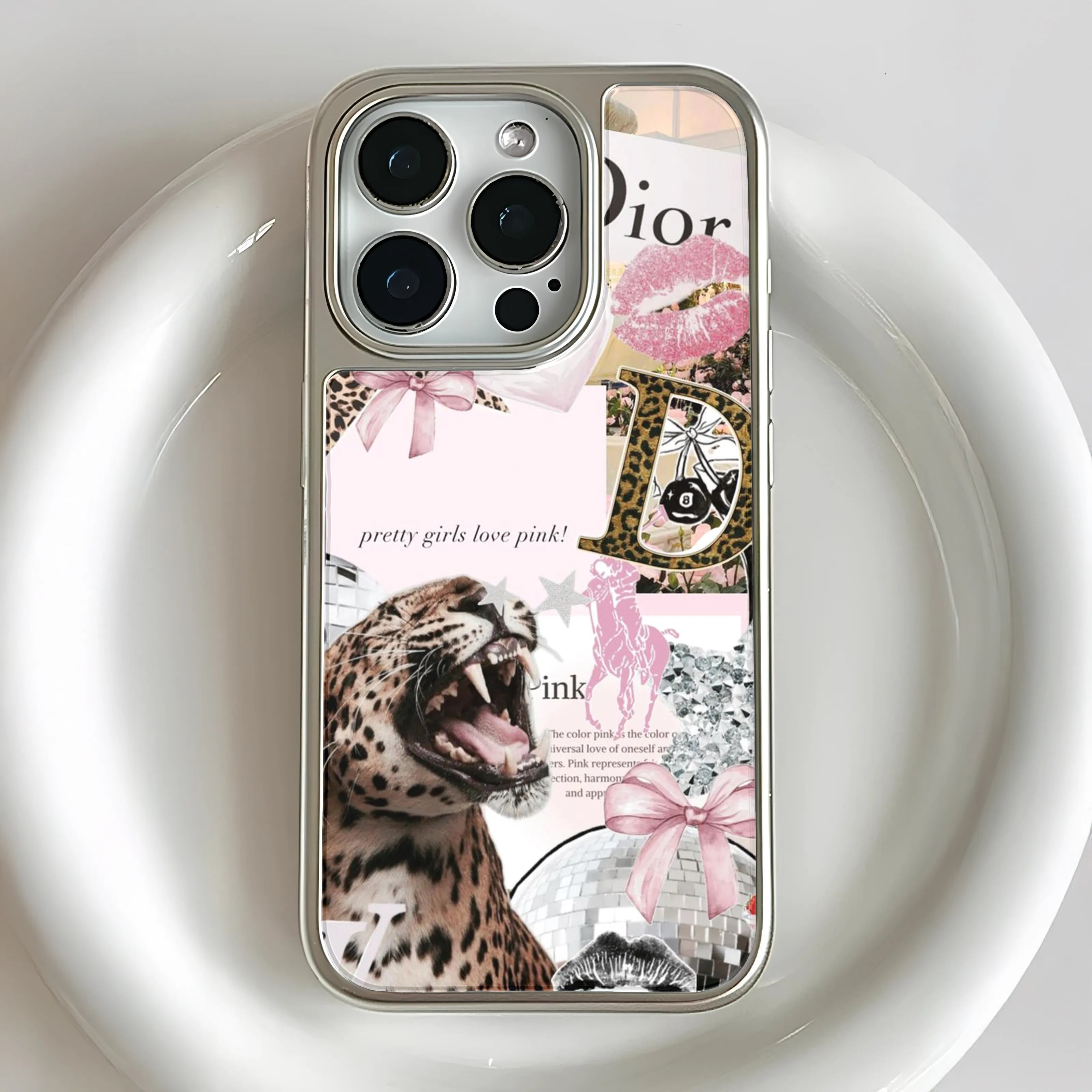 Holographic Chrome Phone Case - Leopard & Pink Collage Design