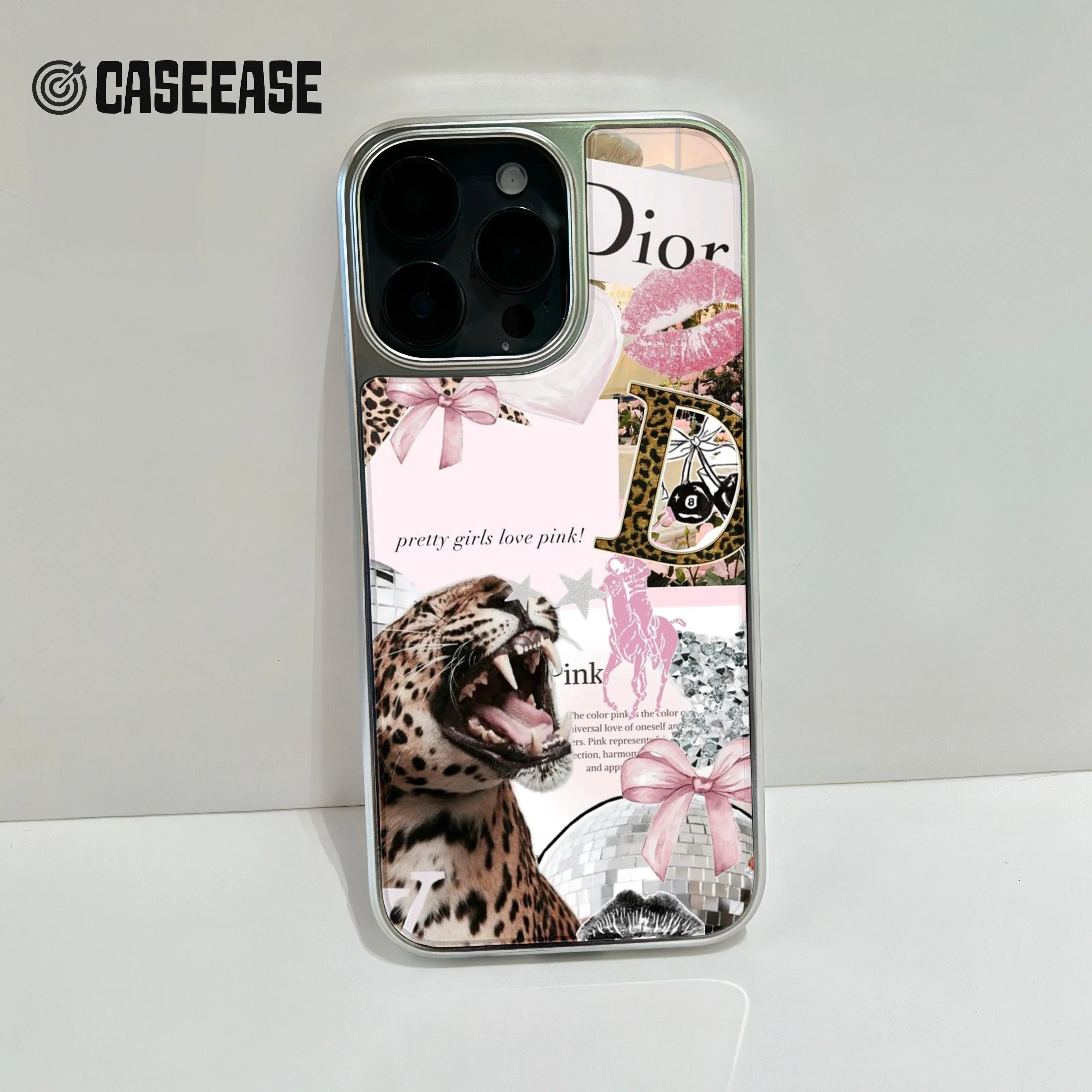 Holographic Chrome Phone Case - Leopard & Pink Collage Design