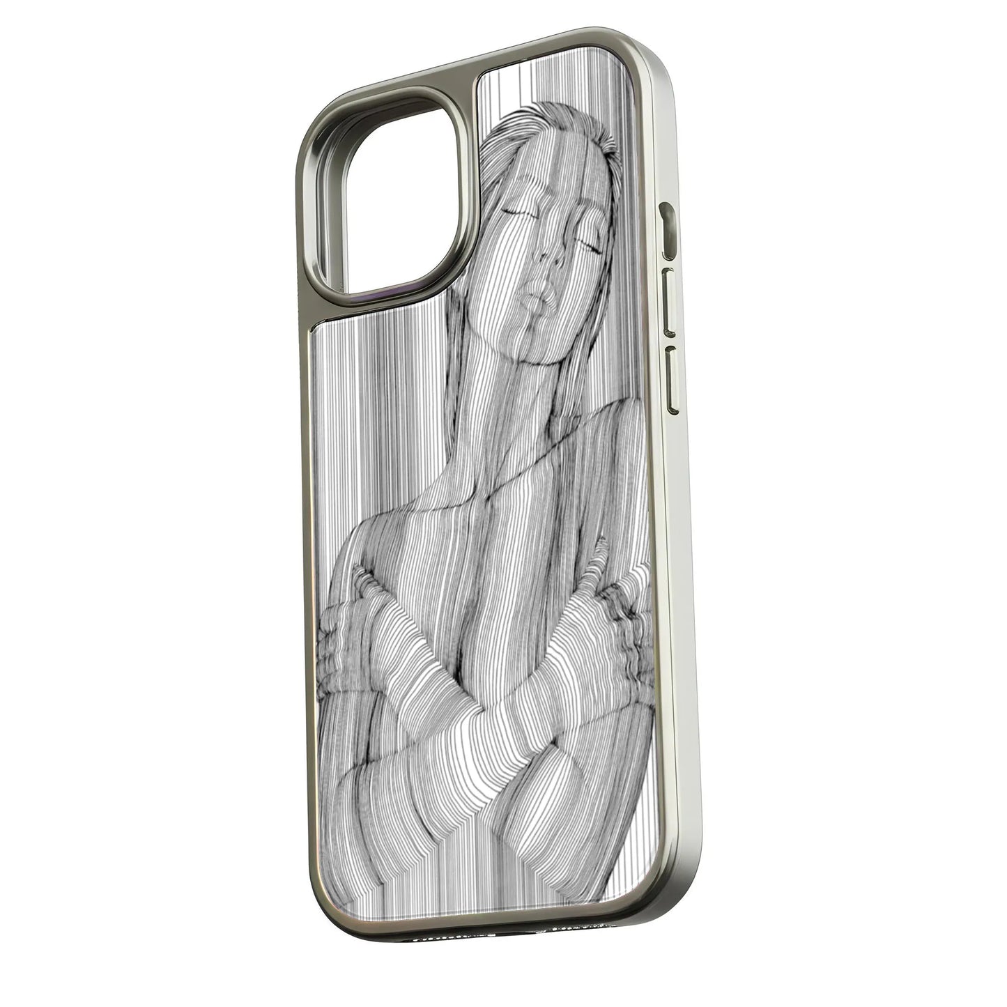 Holographic Chrome Phone Case for iPhone 14 - Striking Line Art Design