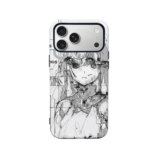 White phone case with black anime sketch design, rear view with camera cutout