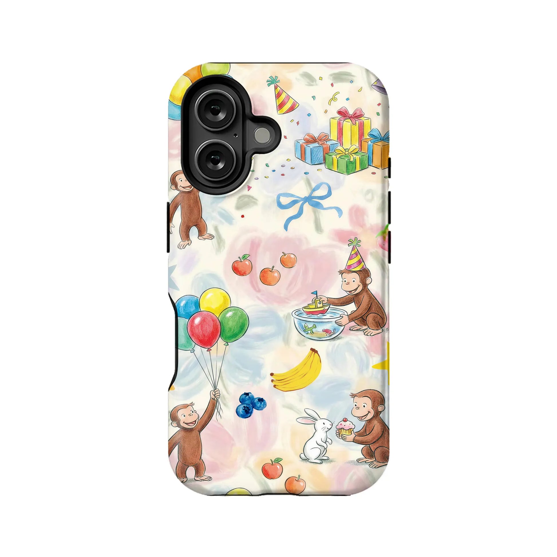 Pastel illustrated phone case back with black camera cutout, cartoon monkeys, balloons, and gifts