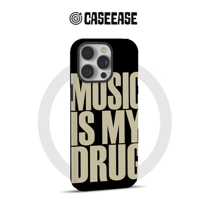 Black phone case with beige music quote design, rear angle for Shopify product page