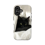 White phone case with black cat design, rear angle with dual camera cutout